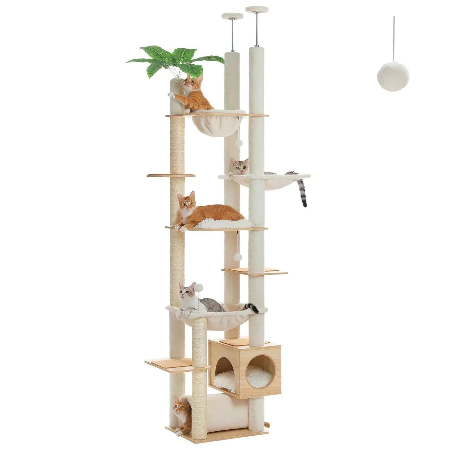 Floor to Ceiling Cat Tree – Adjustable Wooden Tower with Hammock & Sisal Scratching Posts