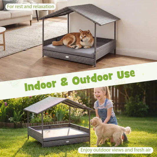 Wicker Dog House Elevated with Canopy-Gray
