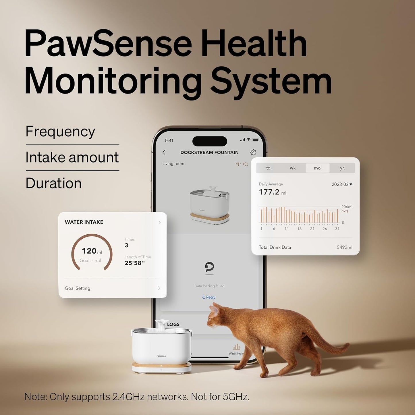 Dockstream Wireless Water Pump App Cat Fountain | Smart Stainless Steel Hydration System with App Tracking