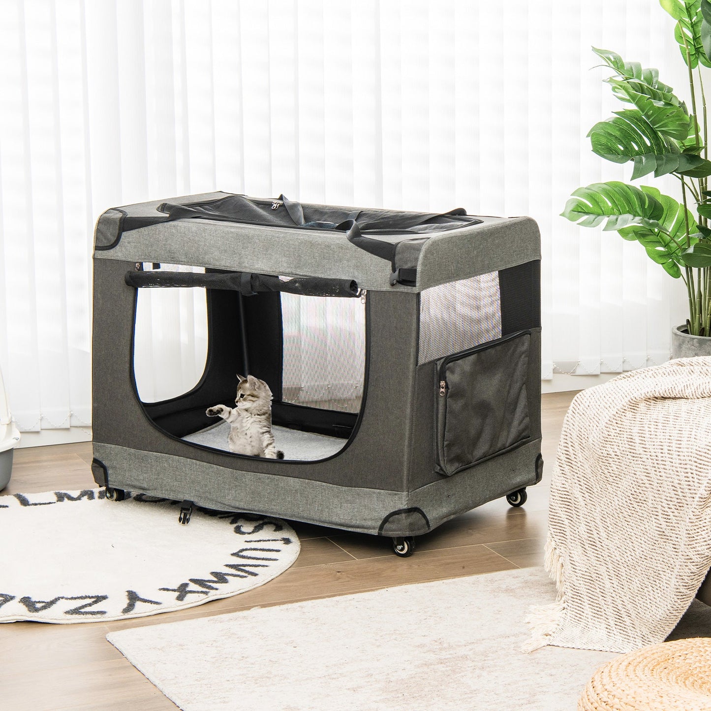 Portable Folding Dog Soft Crate Cat Carrier with 4 Lockable Wheels