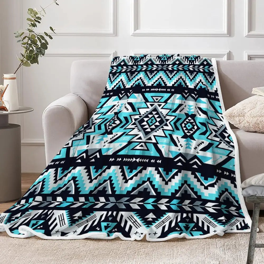 Turquoise Black White Aztec  Soft Flannel Blanket
