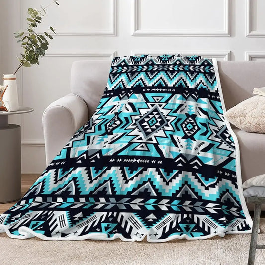 Turquoise Black White Aztec  Soft Flannel Blanket