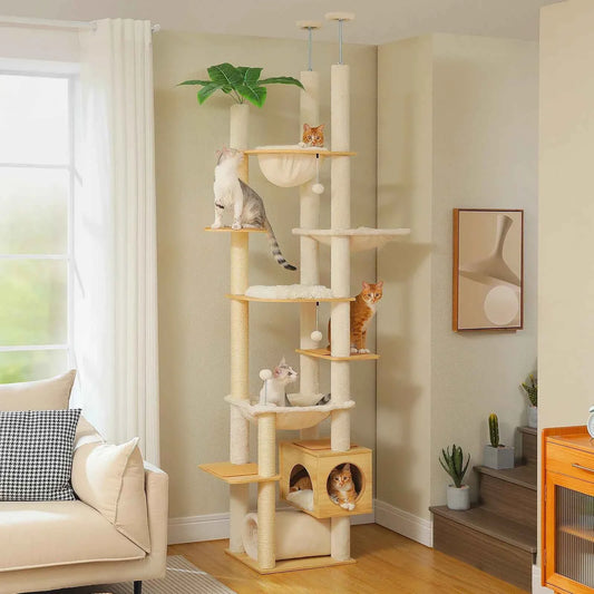 Floor to Ceiling Cat Tree – Adjustable Wooden Tower with Hammock & Sisal Scratching Posts