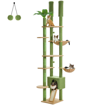 Floor to Ceiling Cat Tree – Adjustable Wooden Tower with Hammock & Sisal Scratching Posts