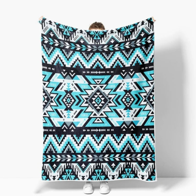 Turquoise Black White Aztec  Soft Flannel Blanket