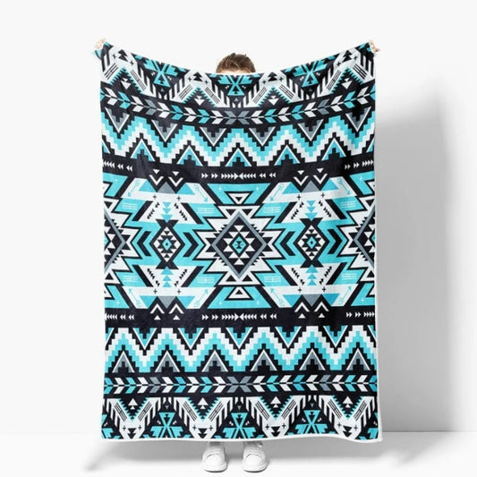 Turquoise Black White Aztec  Soft Flannel Blanket