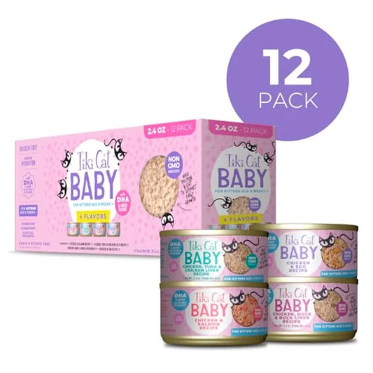 Tiki Cat Baby Wet Cat Food for Kittens, Shreds Variety Pack 2.4 oz. Cans 12 Count
