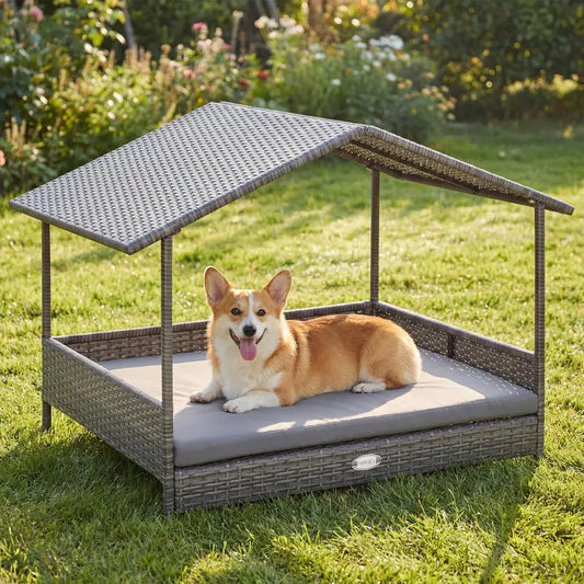 Wicker Dog House Elevated  with Canopy-Gray