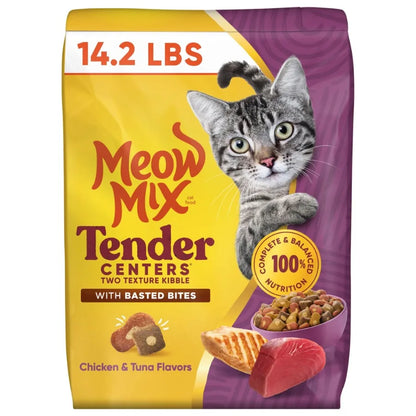 Tender Centers Dry Cat Food with Basted Bites in Chicken Tuna Flavors for Adult Cats, 14.2 lb Bag High-Protein, Crunchy Kibble