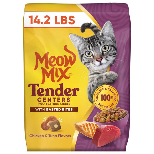 Tender Centers Dry Cat Food with Basted Bites in Chicken Tuna Flavors for Adult Cats, 14.2 lb Bag High-Protein, Crunchy Kibble