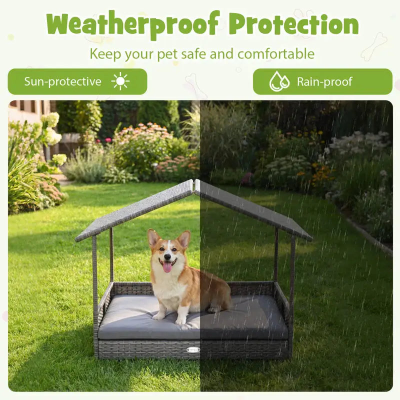 Wicker Dog House Elevated  with Canopy-Gray