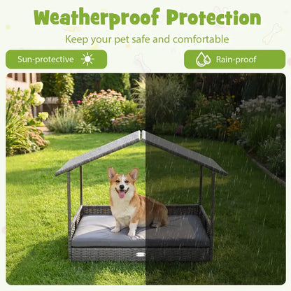 Wicker Dog House Elevated  with Canopy-Gray