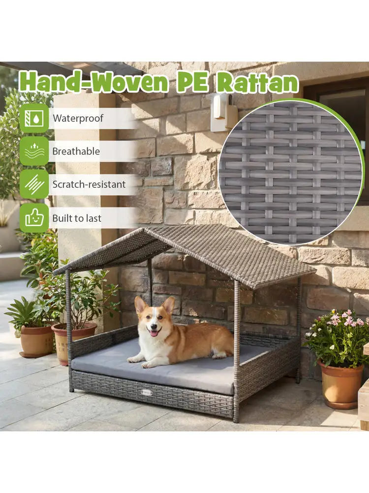 Wicker Dog House Elevated  with Canopy-Gray