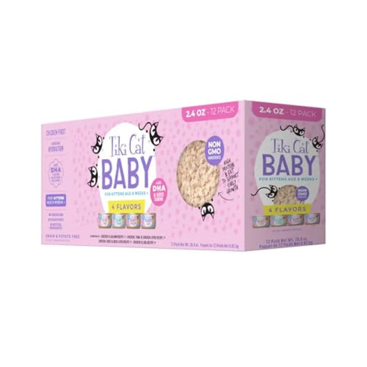 Tiki Cat Baby Wet Cat Food for Kittens, Shreds Variety Pack 2.4 oz. Cans 12 Count