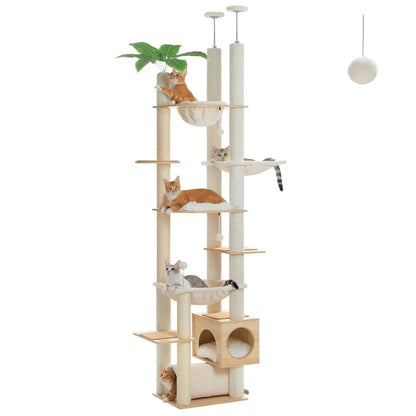 Floor to Ceiling Cat Tree – Adjustable Wooden Tower with Hammock & Sisal Scratching Posts