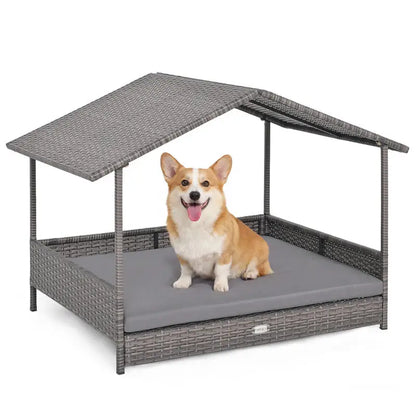 Wicker Dog House Elevated  with Canopy-Gray