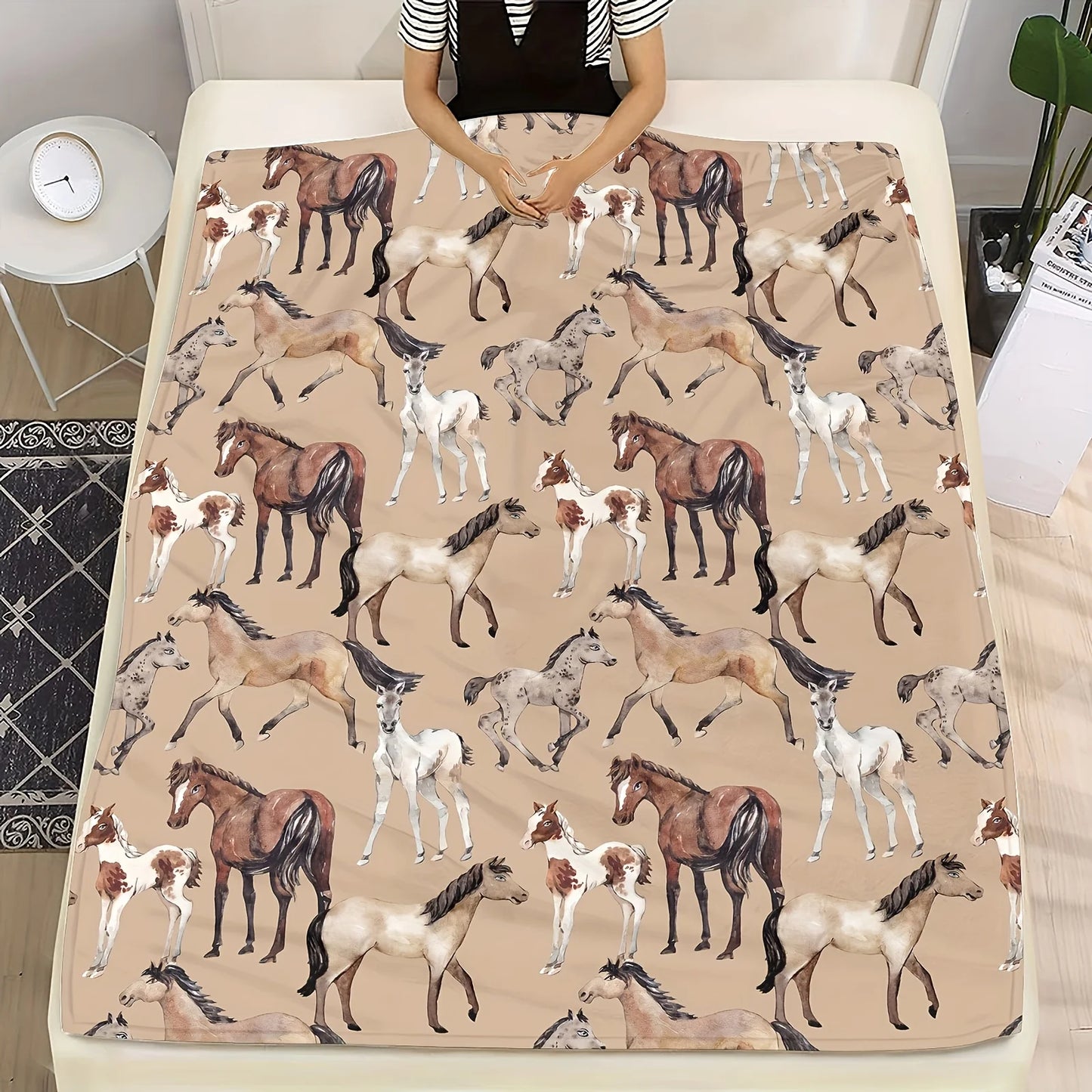 Large Horse Print Fleece Throw Blanket Sofa Bedding Decoration Equestrian Animal Safari Style Cozy Plush Warm Home Decor Gift