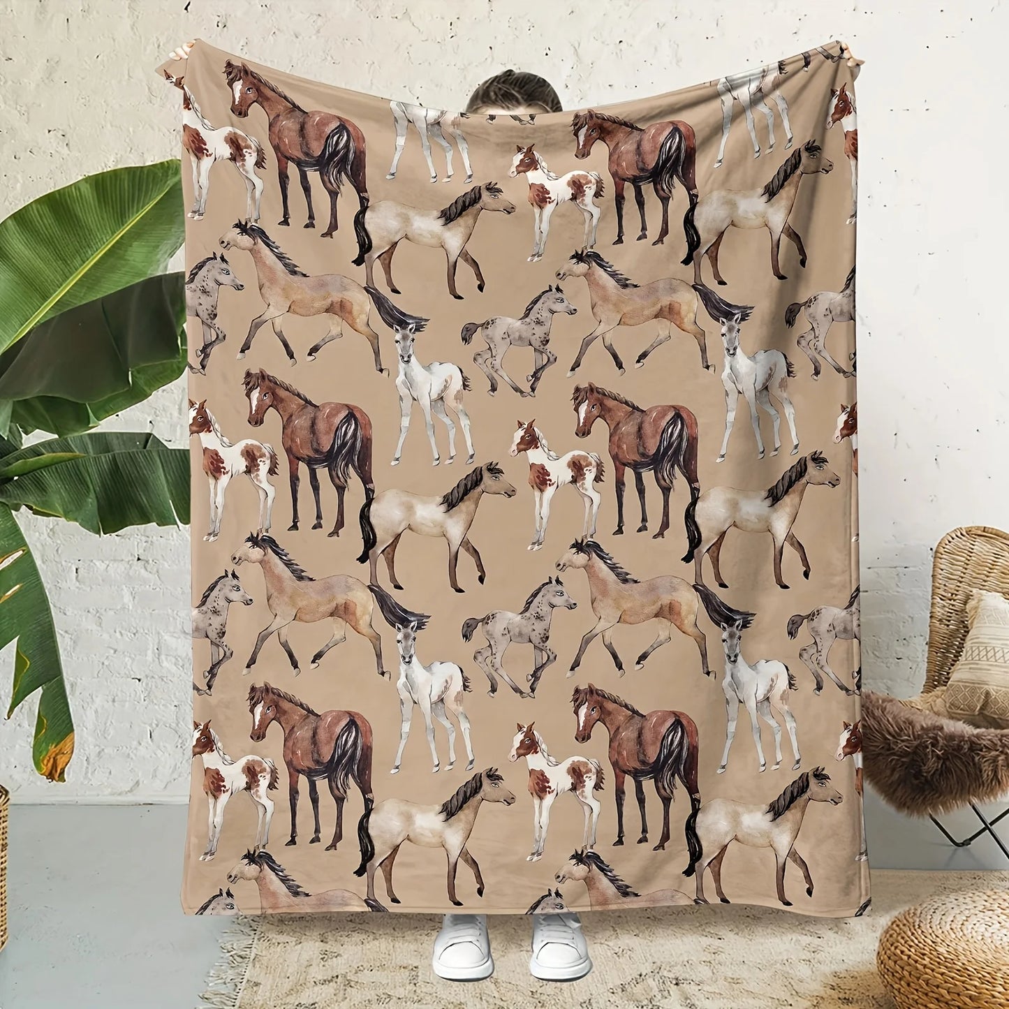 Large Horse Print Fleece Throw Blanket Sofa Bedding Decoration Equestrian Animal Safari Style Cozy Plush Warm Home Decor Gift