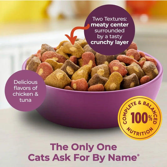 Tender Centers Dry Cat Food with Basted Bites in Chicken Tuna Flavors for Adult Cats, 14.2 lb Bag High-Protein, Crunchy Kibble