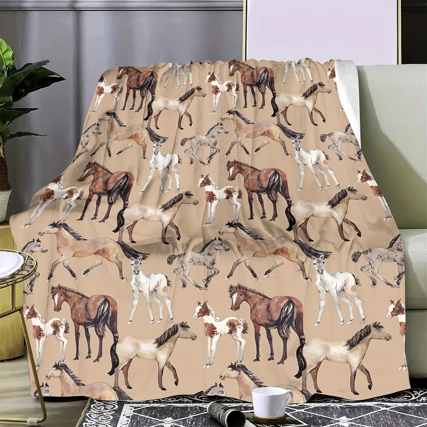 Large Horse Print Fleece Throw Blanket Sofa Bedding Decoration Equestrian Animal Safari Style Cozy Plush Warm Home Decor Gift