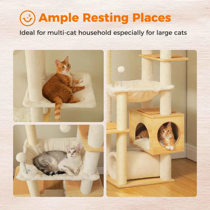 Floor to Ceiling Cat Tree – Adjustable Wooden Tower with Hammock & Sisal Scratching Posts