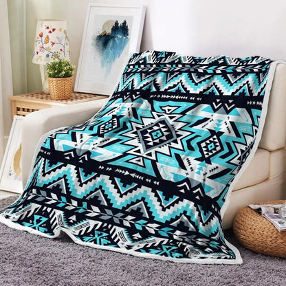 Turquoise Black White Aztec  Soft Flannel Blanket