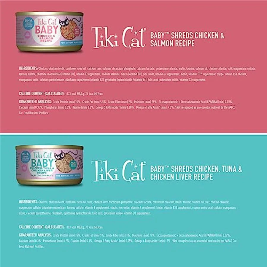 Tiki Cat Baby Wet Cat Food for Kittens, Shreds Variety Pack 2.4 oz. Cans 12 Count