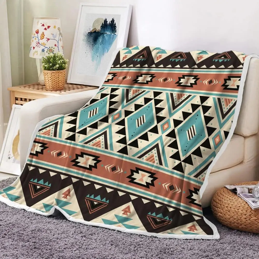Turquoise Black White Aztec  Soft Flannel Blanket