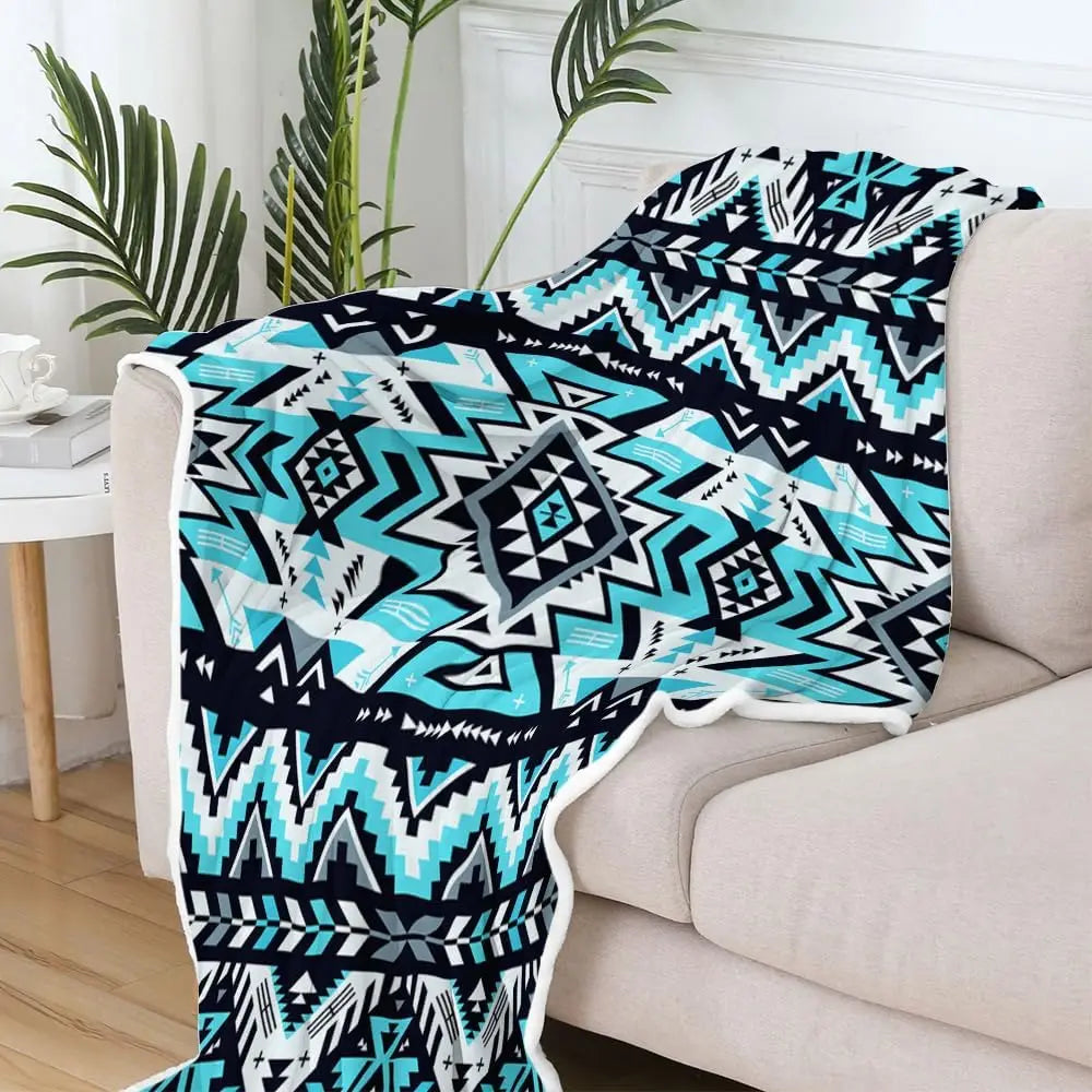 Turquoise Black White Aztec  Soft Flannel Blanket