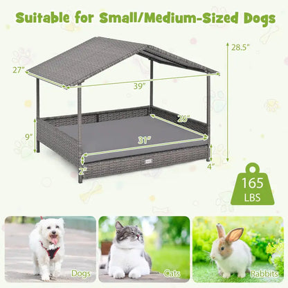 Wicker Dog House Elevated  with Canopy-Gray