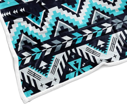 Turquoise Black White Aztec  Soft Flannel Blanket
