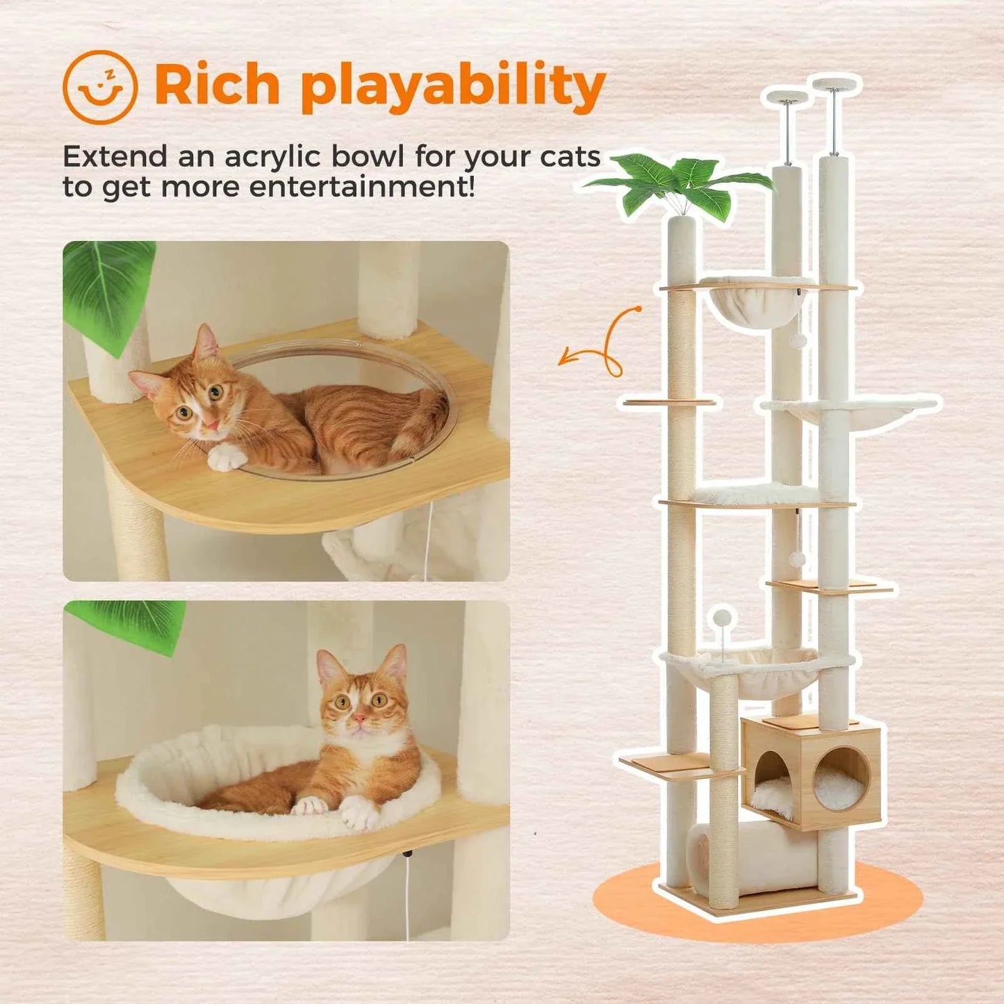 Floor to Ceiling Cat Tree – Adjustable Wooden Tower with Hammock & Sisal Scratching Posts